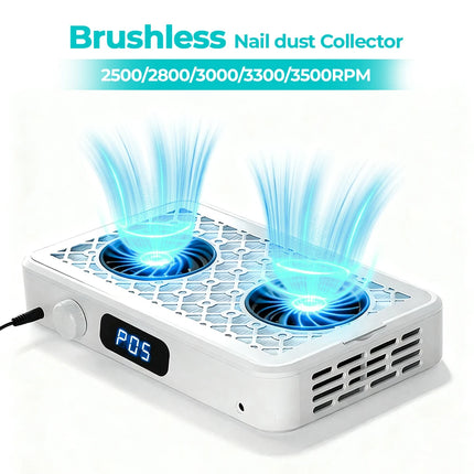 Brushless Twin Turbo Nail Dust Extractor with Multi Adjustable Speed 2500-3500RPM Double Strong Fan Vacuum Cleaner Professional Salon Manicure Dust Collection Tool