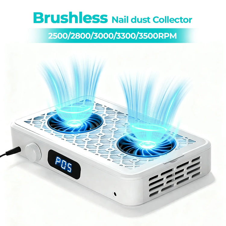 Brushless Twin Turbo Nail Dust Extractor with Multi Adjustable Speed 2500-3500RPM Double Strong Fan Vacuum Cleaner Professional Salon Manicure Dust Collection Tool