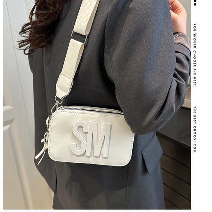 Chic SM Letter Camera Bags, Stylish Women’s Crossbody Small Square Purses with Wide Patterned Straps, Perfect for Daily Casual PlatiNum