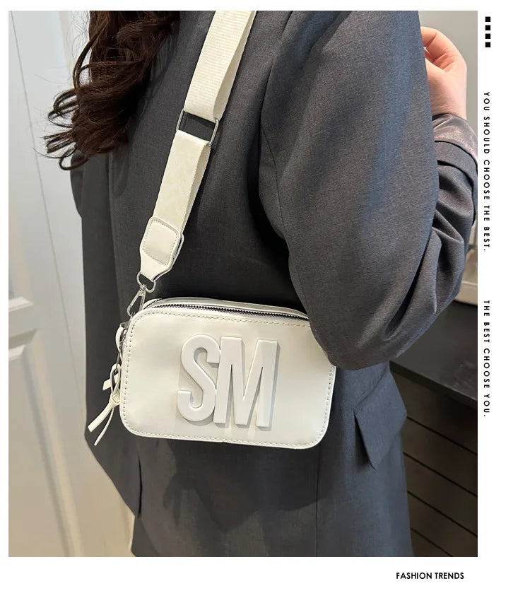Chic SM Letter Camera Bags, Stylish Women’s Crossbody Small Square Purses with Wide Patterned Straps, Perfect for Daily Casual PlatiNum