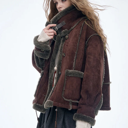 ELFSACK Women's Vintage Suede Plush Winter Coat 2025, Loose Turn-Down Collar Blend Jacket, Casual Versatile Outerwear
