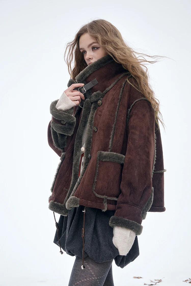 ELFSACK Women's Vintage Suede Plush Winter Coat 2025, Loose Turn-Down Collar Blend Jacket, Casual Versatile Outerwear