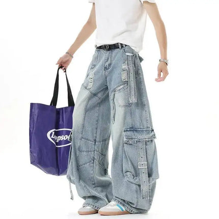 IEFB Jeans da uomo stile americano tinta unita multi tasche pantaloni casual usurati decostruzione pantaloni in denim a gamba larga 9W4066