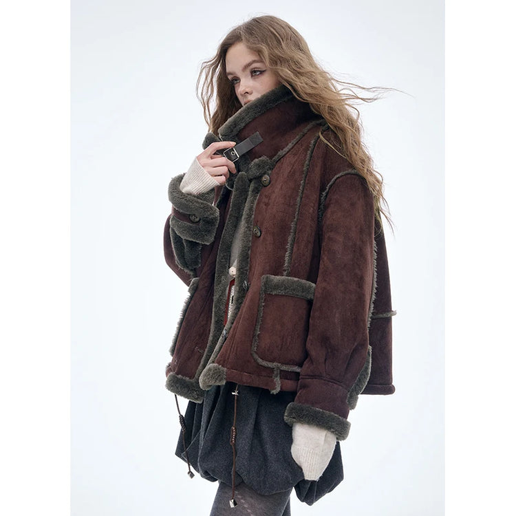ELFSACK Women's Vintage Suede Plush Winter Coat 2025, Loose Turn-Down Collar Blend Jacket, Casual Versatile Outerwear