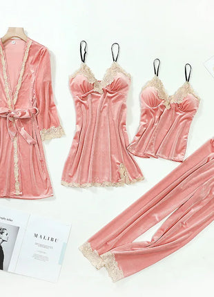 TOP Casual Velluto Abbigliamento per la casa 4 pezzi Set da notte Intimo Lingerie Pigiama da donna Completo a maniche lunghe in pizzo Velluto Homewear Pigiama set