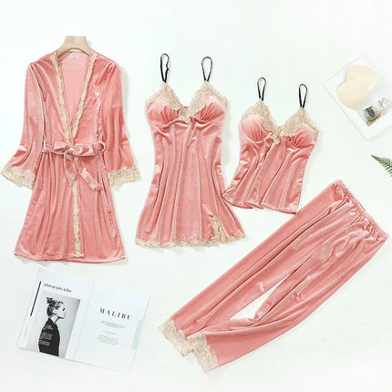 TOP Casual Velluto Abbigliamento per la casa 4 pezzi Set da notte Intimo Lingerie Pigiama da donna Completo a maniche lunghe in pizzo Velluto Homewear Pigiama set