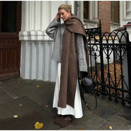 Elegant Big Scarf Collar Women's Coat Fashion Double Breasted Pockets Overcoats 2026 Autumn New High Street Oversize Outerwears