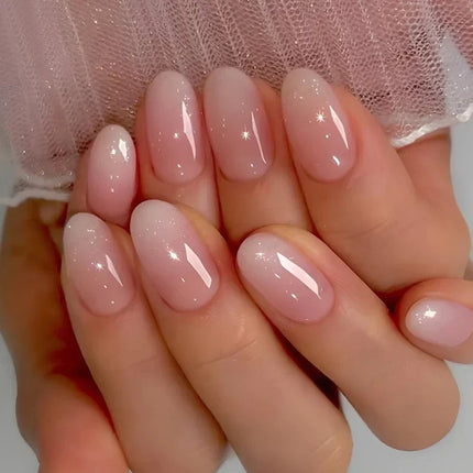 24Pcs Short Oval Gradient Pink Press On Nails Glossy Finish Full Cover False Nails for Women&Girl Removable Wearable Nail Art