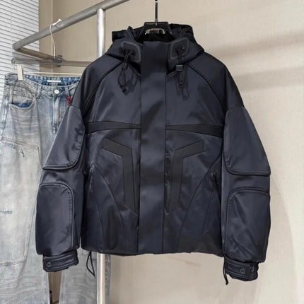 Winter Spliced Black Men Hooded Down Coat American Style Motorcycle Puffer Jacket Loose Fit Zip Waterproof Jackets Casual Coats