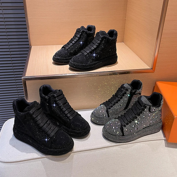 Designer Platform Sneakers Full Diamond Luxury Shoes Versatile Flat Bottom High-top Casual Skateboard Shoes Zapatos De Mujer