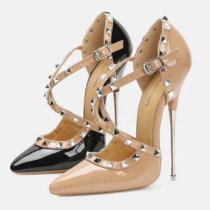Sandali con tacco alto da donna con cinturino incrociato con rivetti Scarpe singole sexy con punta a punta per discoteca Modello di ospite di festa Passerella Cross Dressing platinumshop