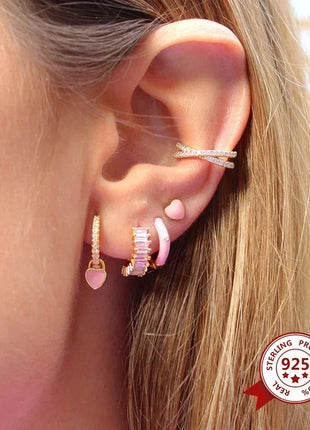 Lussuosa geometria 925 orecchio in argento sterling Ago rosa serie zircone orecchini a cerchio pendenti dolce moda regali di gioielli da sposa platinumshop
