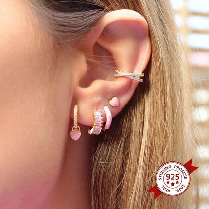 Lussuosa geometria 925 orecchio in argento sterling Ago rosa serie zircone orecchini a cerchio pendenti dolce moda regali di gioielli da sposa platinumshop