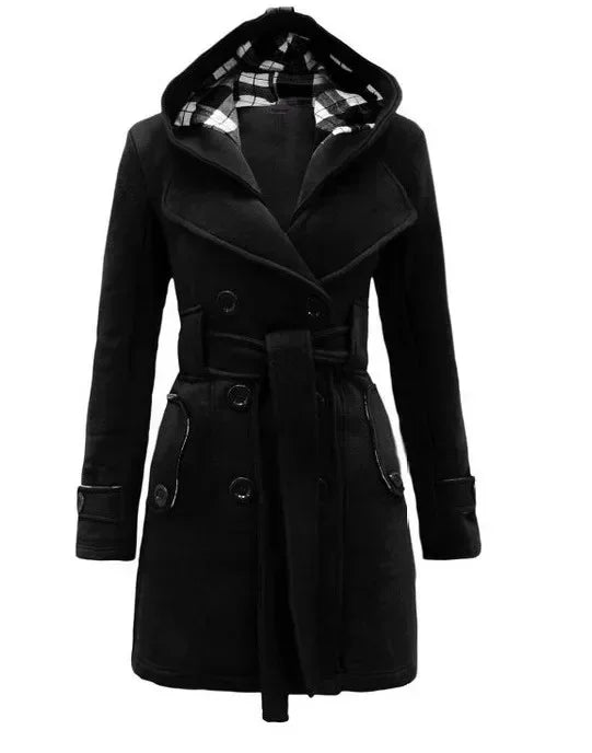 2026 Autumn Women's Hooded Overcoat Trend Double-Breasted Design Belt Side Pockets Plaid Splice Woolen Coats Winter Jacket Femme