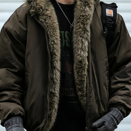 Mens Korean Streetwear Thick Warm Jacket Winter Fleece Lined Fur Collar High Quality Cold Proof Heavyweight Outdoor Thermal Coat