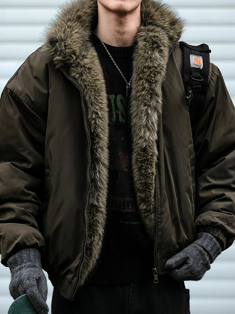 Mens Korean Streetwear Thick Warm Jacket Winter Fleece Lined Fur Collar High Quality Cold Proof Heavyweight Outdoor Thermal Coat