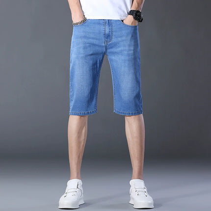 2026 Pantaloncini Casual da Uomo in Denim Cotone Elastico Dritti di Alta Qualità al Ginocchio Jeans Classici Vintage Moda Blu