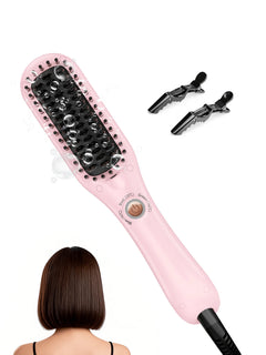 Mini Hair Straightener Brush - 30s Fast Heat Ceramic Flat Iron Comb, 3 Temp Settings for All Hair Types, Dual Voltage Travel Styling Tool, Blush Pink