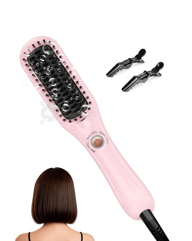 Mini Hair Straightener Brush - 30s Fast Heat Ceramic Flat Iron Comb, 3 Temp Settings for All Hair Types, Dual Voltage Travel Styling Tool, Blush Pink