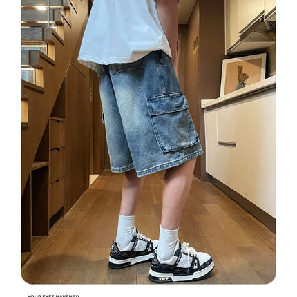 Pantaloncini di jeans cargo da uomo estivi Baggy dritti Moda Casual Pantaloni corti a gamba larga Tasca grande Jeans corti per vacanze al mare Uomo