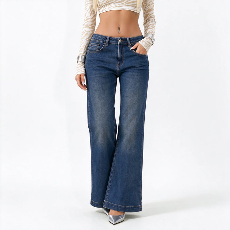 Women's Low Rise Wide Leg Jeans with Gothic Back Embroidery, Y2K Style Vintage Wash Blue Denim, Casual Pants for Urban and Evening Outfits,Fx-5444