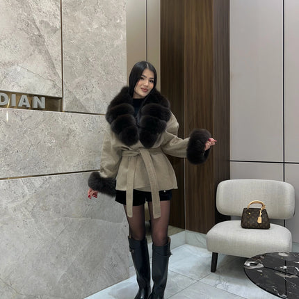 Solid Color Faux Fur Collar Cuff Wool Coat Women Belted Waist Short Jacket 2026 Winter Lady Street Daily Party Casual Outwear