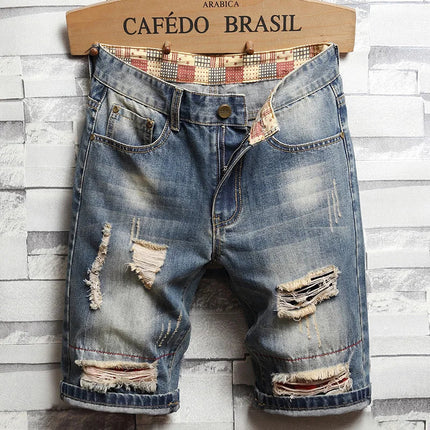 Men Ripped Short Jeans Summer Cotton Knee Length Shorts Breathable Vintage Denim Pants Painted Graffiti Streetwear Cargo Jeans PlatiNum