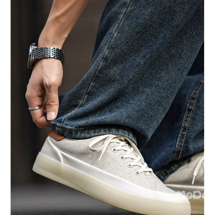 Men's Linen Canvas Platform Sneakers, Breathable Low‑Top Casual Skate Shoes, Retro Contrast Tan Trim Design, Soft Cushioned Thic