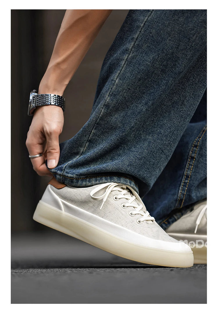 Men's Linen Canvas Platform Sneakers, Breathable Low‑Top Casual Skate Shoes, Retro Contrast Tan Trim Design, Soft Cushioned Thic