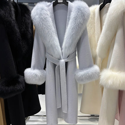YOLOAgain Women's 100% Wool Coat Long With Detachable Real Fox Fur Collar 2025 Autumn Elegant Double-Sided Wool Coat