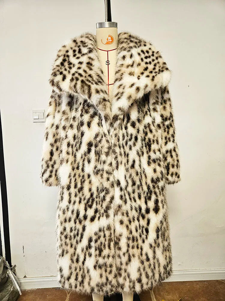 ZADORIN High Quality Elegant Loose Long Faux Fur Coat Winter Women Leopard Print Lapel Faux Mink Fur Jacket Thick Warm Fur Coats