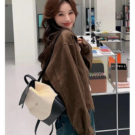Retro Style Women's Short Suede Jacket Coffee Color Korean Style Autumn Coat Zipper Pocket Polyester Fiber Windproof