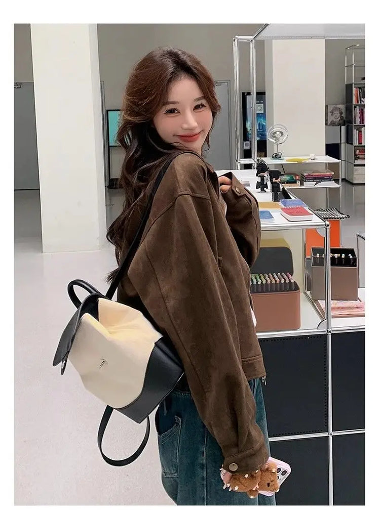 Retro Style Women's Short Suede Jacket Coffee Color Korean Style Autumn Coat Zipper Pocket Polyester Fiber Windproof