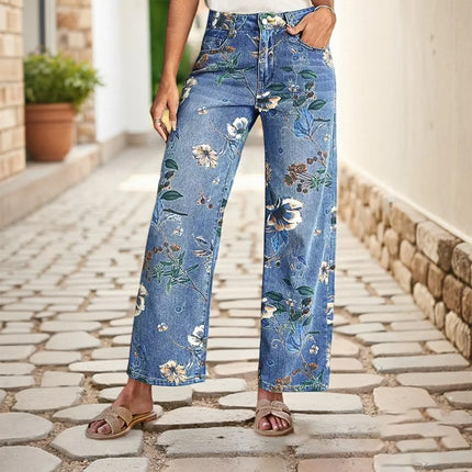 Jeans da donna con stampa Pantaloni a gamba larga Tasche a vita alta a tutta lunghezza Pantaloni dritti lavati in denim effetto consumato Casual invecchiato