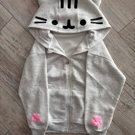 Cute 3D Cat Ear Zip Hoodie Kawaii Cartoon Pink Paw Cat Face Women Hoodies Y2K New Fashion Sweet Streetwear Unisex Loose Clothing