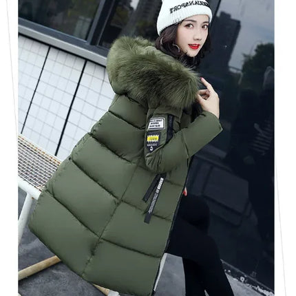 Women Winter Fur Collar Hooded Parka Coats Fashion Letter Patch Zipper Long Jacket Elegant Slim Warm Thick Female Snow Outerwear