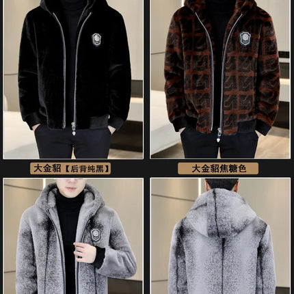 Autumn Winter Faux Fur Hooded Jacket Men Fashion Social Faux Mink Fur Casual Business Jacket Thick Warm Outdoor Windproof Coat
