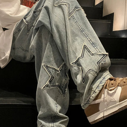 New Fashion Stella a cinque punte Jeans Uomo a vita alta Vintage Streetwear Pantaloni da uomo Baggy Inverno Jeans a gamba larga Denim Abbigliamento uomo