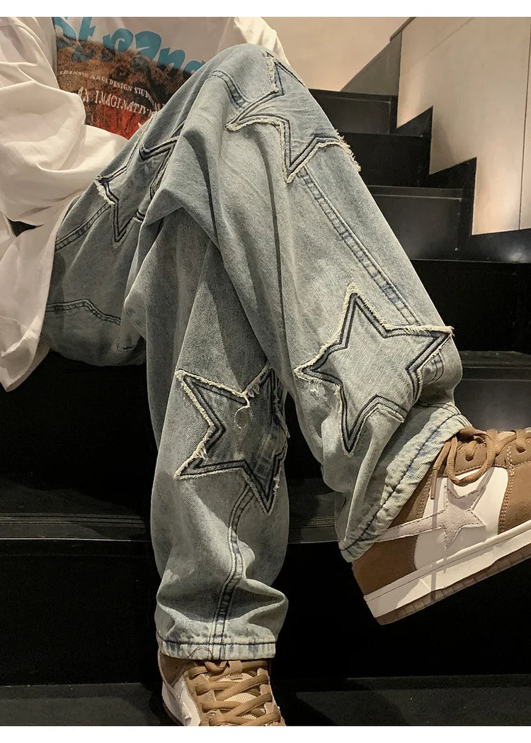 New Fashion Stella a cinque punte Jeans Uomo a vita alta Vintage Streetwear Pantaloni da uomo Baggy Inverno Jeans a gamba larga Denim Abbigliamento uomo