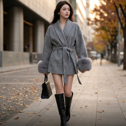 Women's Woolen Coat with Faux Fur Cuffs Belted Waist Short Autumn Winter Wrap Jacket