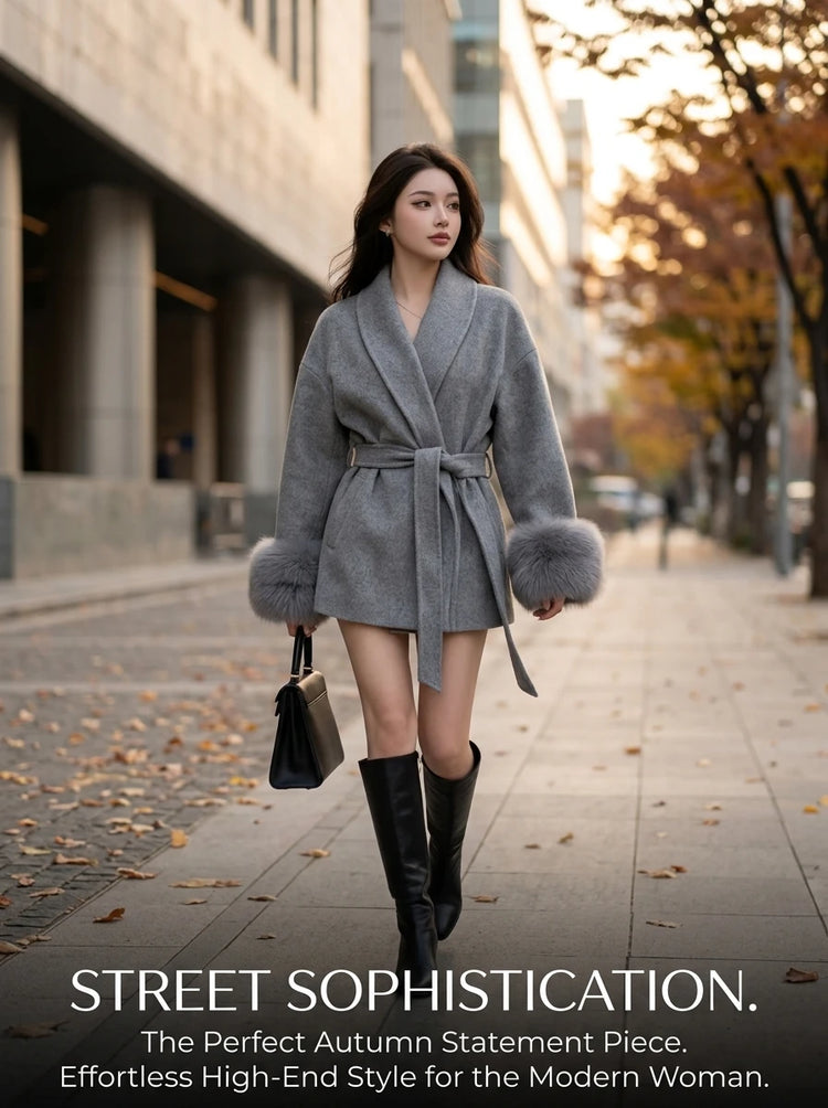 Women's Woolen Coat with Faux Fur Cuffs Belted Waist Short Autumn Winter Wrap Jacket