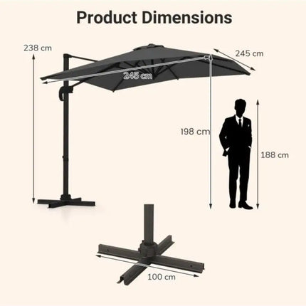 Ombrellone da Patio Quadrato a Sbalzo, 5 Angoli di Inclinazione e Rotazione a 360° °   Ombrellone da Esterno Girevole con Palo in Alluminio a 8 Stecche, Tetto Ventilato Antivento