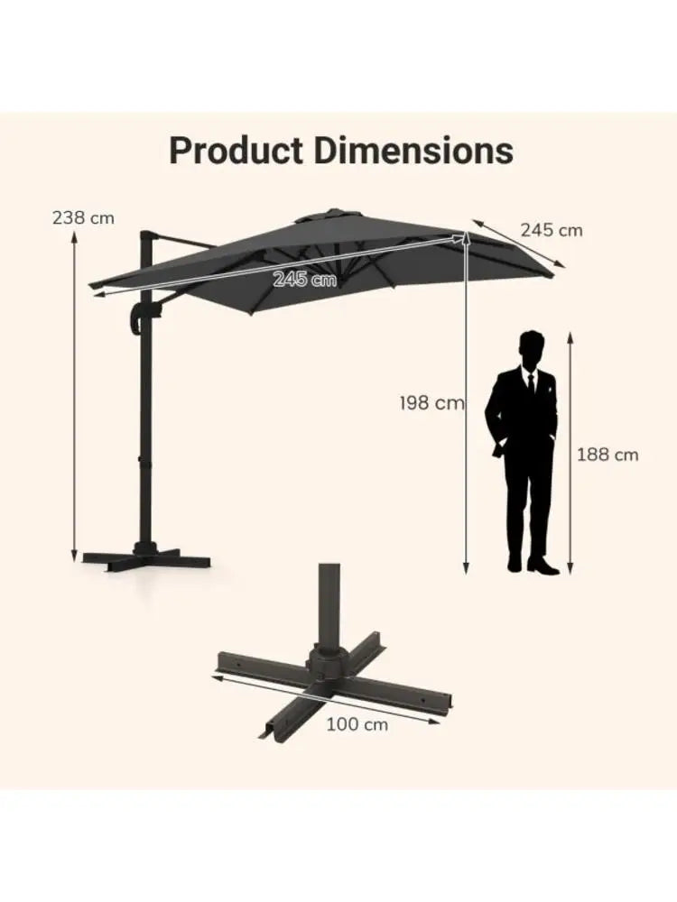 Ombrellone da Patio Quadrato a Sbalzo, 5 Angoli di Inclinazione e Rotazione a 360° °   Ombrellone da Esterno Girevole con Palo in Alluminio a 8 Stecche, Tetto Ventilato Antivento