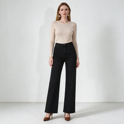 Women High Waist Black Flared Stretch Jeans, Loose Fit Denim Pants with Stitching Details, Elegant Casual Fashion Trousers for All Seasons, Sizes XS-XL Fx1338-1