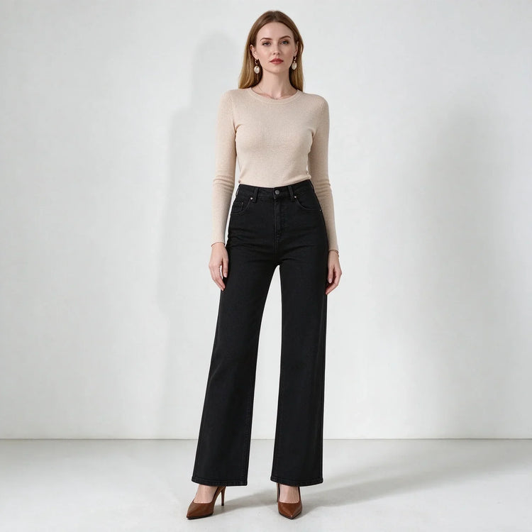 Women High Waist Black Flared Stretch Jeans, Loose Fit Denim Pants with Stitching Details, Elegant Casual Fashion Trousers for All Seasons, Sizes XS-XL Fx1338-1