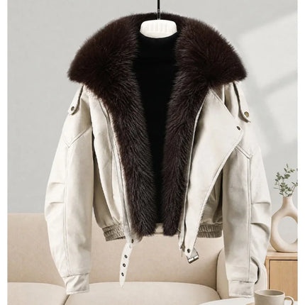 New Parkas Women Leather Jacket Big Fur Collar Tooling Cotton Jacket 2026 Winter Thicke Warm Cotton Padded Coat Female Outerwear