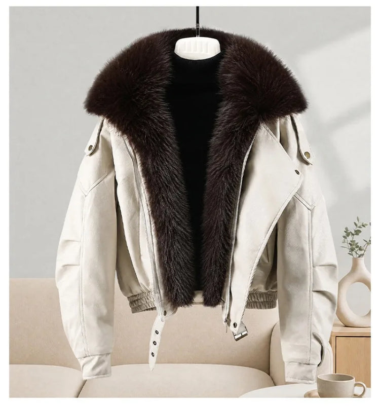 New Parkas Women Leather Jacket Big Fur Collar Tooling Cotton Jacket 2026 Winter Thicke Warm Cotton Padded Coat Female Outerwear
