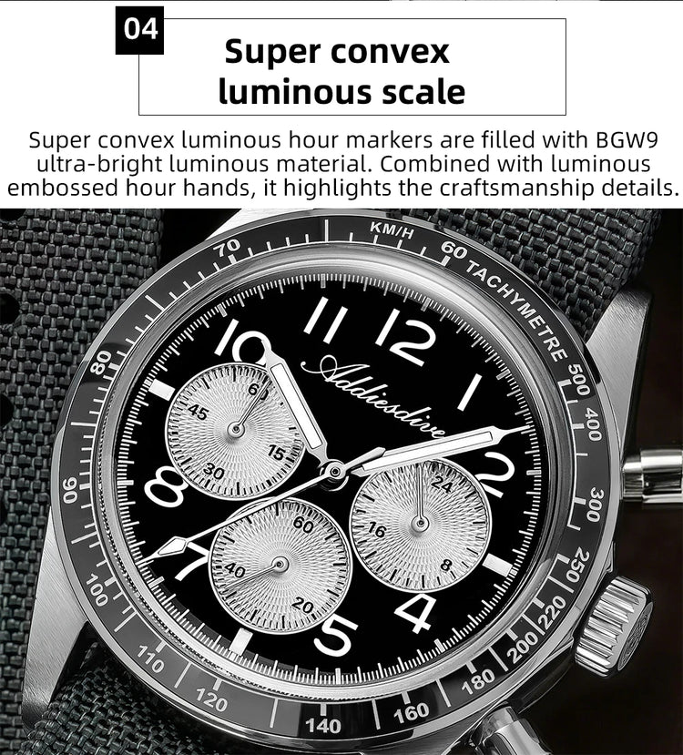 ADDIESDIVE New Chronograph 0S20 Quartz Wristwatch Luxury Men Watch Ceramic Bezel Domed Glass 100m Waterproof BGW9 Luminous