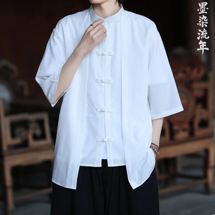 Camicia cinese da uomo in seta di ghiaccio stile cinese comoda camicia retrò traspirante da uomo casual estiva vestibilità ampia moda tinta unita