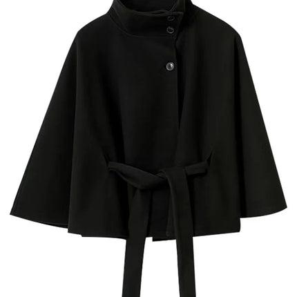 Elegant Women's Belt Short Woolen Coats Loose Stand Collar Single-breasted Long Sleeve Jacket 2026 Autumn Lady Commute Outwear